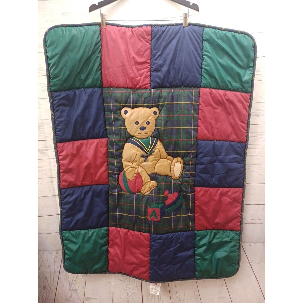 Vtg Carousel Designs Teddy Bear Baby Blanket 45x36 Quilted Blue Red Green